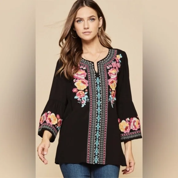 Savanna Jane Vibrant Floral Tunic Bell Sleeve Boho Colorful Embroidery WM SZ S - Picture 16 of 16